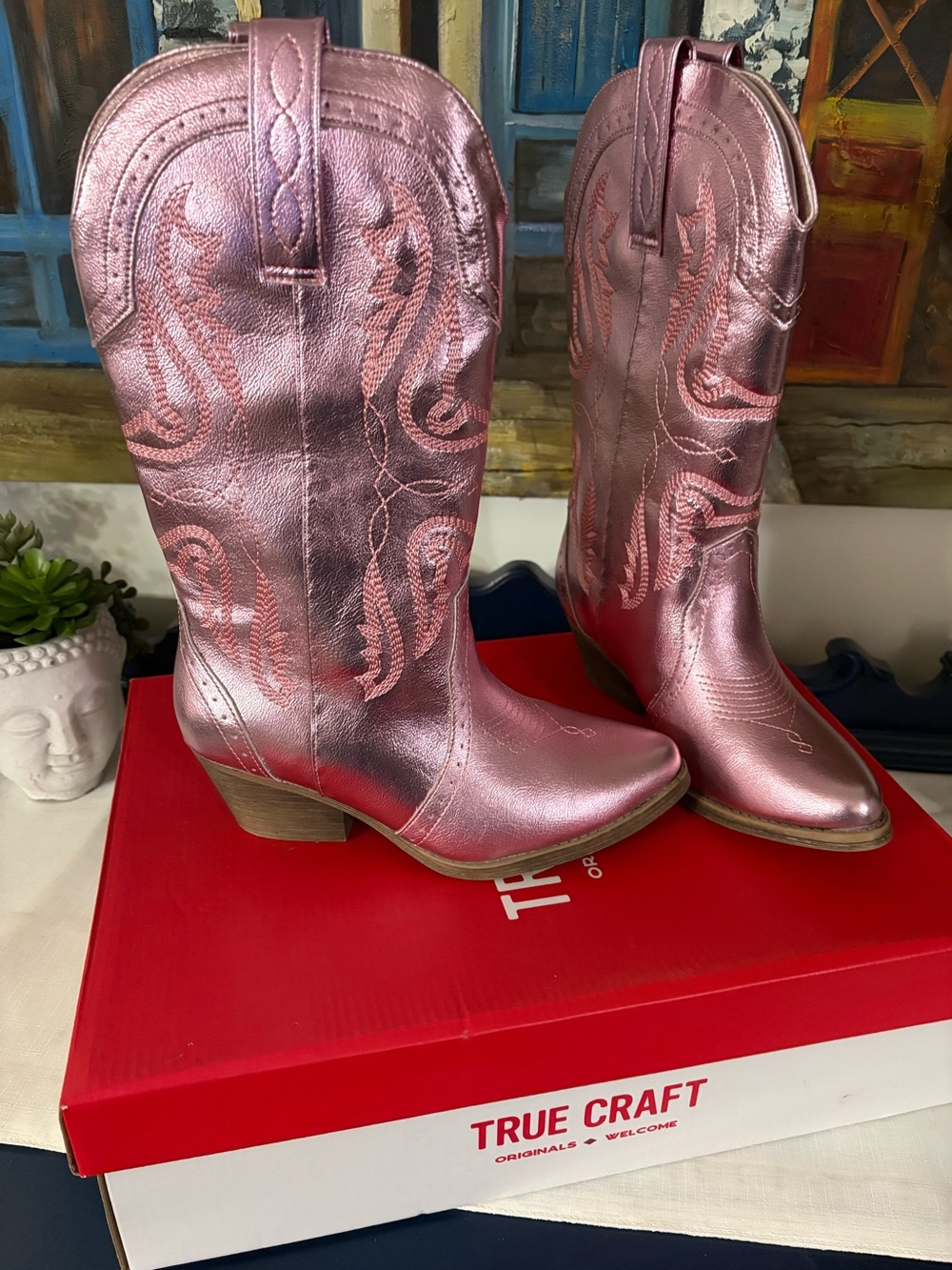 True Craft Metallic Rose Pink Western Boots NIB SIZE 6.5
